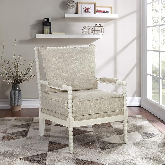 OSP Home Furnishings Kaylee Spindle Accent Chair with Antique White Wood Frame Beige Linen Fabric