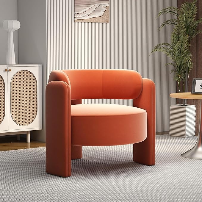 NOBPEINT Mid Century Modern Accent Barrel Chair Round Upholstered Leisure Armchair with Open Back for Living Room Bedroom Apartment Orange