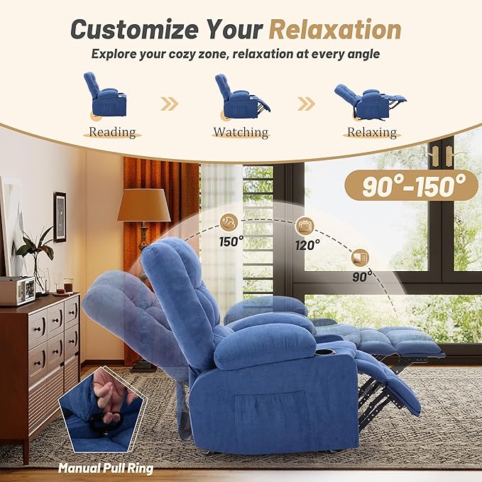 Rocker Recliner Chair with Massage and Heat Nursery Rocking Chairs for Living Room Recliner Chair for Adults Ergonomic Comfy Relining Chair with Cup Holders USB Charge Port Side Pockets Blue