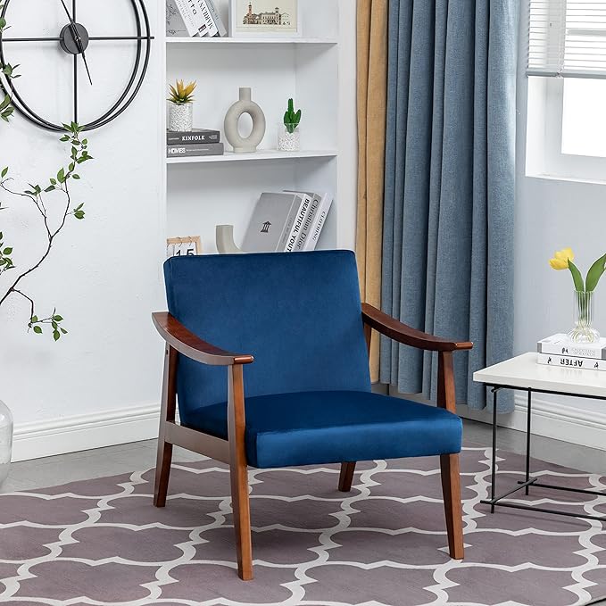 Accent Chair with Velvet Upholstery and Solid Wood Frame Classic Mid-Century Modern Living Room Furniture for Extra Seating Dark Blue