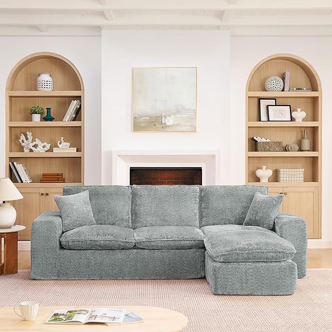 L-Shaped Boneless Modular Sectional Cloud Couches 4 Seat Modular Boucle Floor Foam Boneless Sofa Couch with Ottoman Headrest Pillows and Removable Cushions
