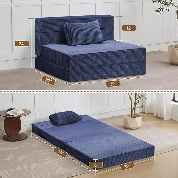 Folding Sofa Bed Convertible Floor Couch Foldable Chair Bed with PillowLinen Sleeper Chair FutonFoldable Memory Foam Mattress for Bedroom/Living Room/Dorm/Office (Corduroy Navy Standard)