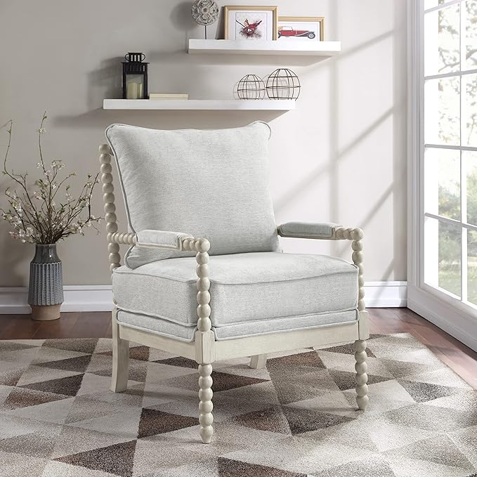 OSP Home Furnishings Kaylee Spindle Accent Chair with Antique White Wood Frame Smoke Grey Fabric