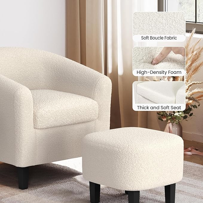 Yaheetech Accent Chair and Ottoman Set Modern Fuzzy Sherpa Barrel Chair and Footrest Comfy Boucle Armchair and Footstool for Living Room/Bedroom/Reading Room/Guestroom Ivory