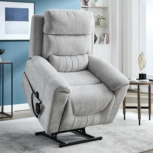 Power Lift Recliner Chair for Elderly People Dual Motor Lay Flat Recliner with Vibration Massage and Heat Heavy Duty Motion Mechanism Standing Assistance Reclining Chair Chenille Fabric Light Gray