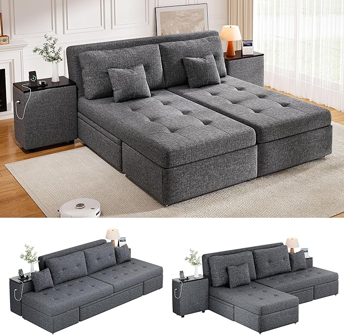 DWVO Queen Size Sofa Bed 5-in-1 Multi-functional Convertible Sleeper Sofa with 2 Storage Cabinet Nightstand &amp USB Ports 100 Sectional Sofa Couch with 2 Comfy Pillows for Living Room Apartment