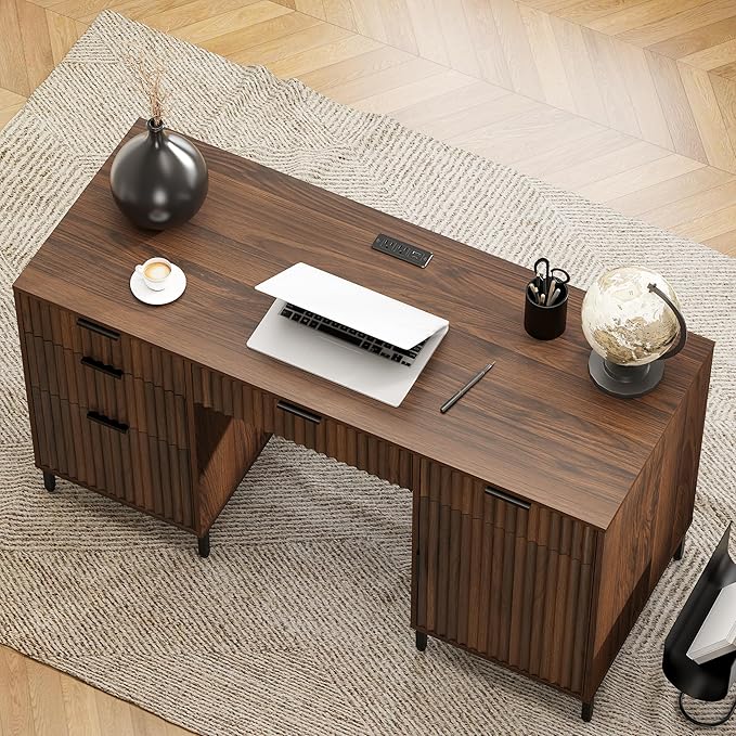 55 Large Fluted Executive Desk with Charging Station Computer Desk with Storage Cabinet and File Drawer Modern Wooden Home Office Desk for Workspace Writing Study Brown