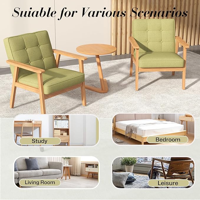 KCC Mid-Century Modern Linen Fabric Accent Chair Upholstered Tufted Leisure Chair Comfy Reading Side Chair with Armrest and Solid Wood Frame for Living Room Bedroom Balcony(Green)