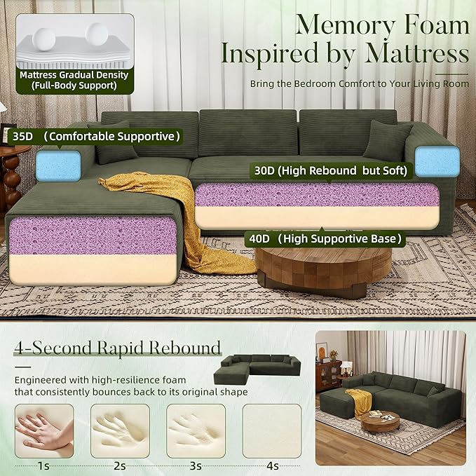 108 Cloud Sectional Couch with L-Shape ChaiseModern Corduroy Boneless Sofa with Deep SeatWide Armrest High Rebound Living Room Sectional CouchNo Assembly Required (Left ChaiseGreen)