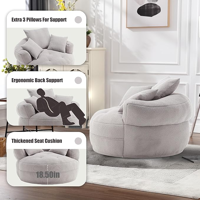 QQU 48“ W Oversized Round Barrel Chair with 3 Pillows Large Round Lounge Barrel Chair for Home Oversized Leisure Single Sofa with Armrests Circle Couch for Living Room Apartment Grey
