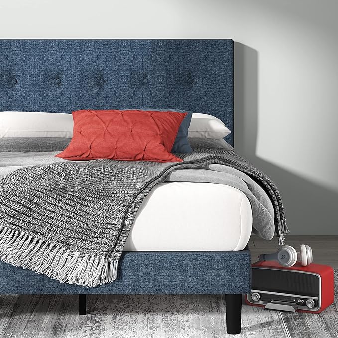 Zinus Omkaram Upholstered Platform Bed Frame Mattress Foundation Wood Slat Support No Box Spring Needed Easy Assembly Full Navy