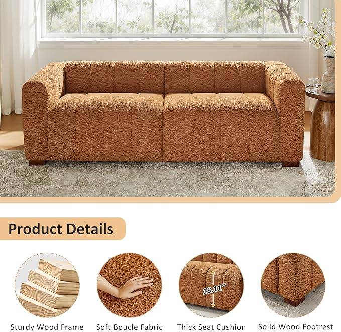 VANOMi 82.68 Oversized Boucle Sofa for Living Room Modern Upholstered Tufted Cloud CouchComfy 3 Seater Deep Seat Sofa with Wood Legs for Apartment Reception RoomCurry