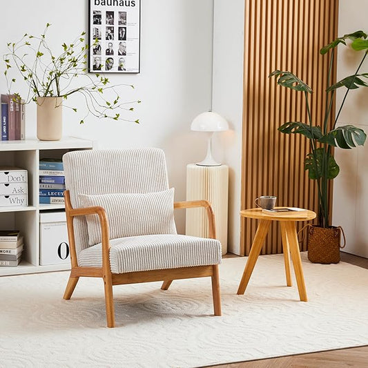 GDFStudio Aogex Accent Chair Corduroy Club Chair Upholstered Armchair Solid Wood Single Sofa Lounge with Armrest Comfort Seating with Lumbar Support for Reading Living Room Home Rest Beige+Teak
