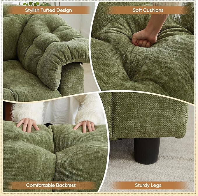 Modern Sofa Couch 94.8 W Chenille Tufted Fluffy Comfy Cloud Couch with Tutfted Design &amp Armrest Pillowchenilles Upholstered Oversized Loveseat Sofa for Living Room Bedroom Office Green