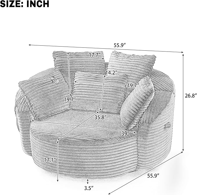 360° Swivel Accent Chair with 5 Throw Pillows Adjustable Phone Holder Corduroy Fabric Round Sofa Chair Barrel Chair with Semi-Wraparound Design for Living Room Office and Hotel (Gray1)
