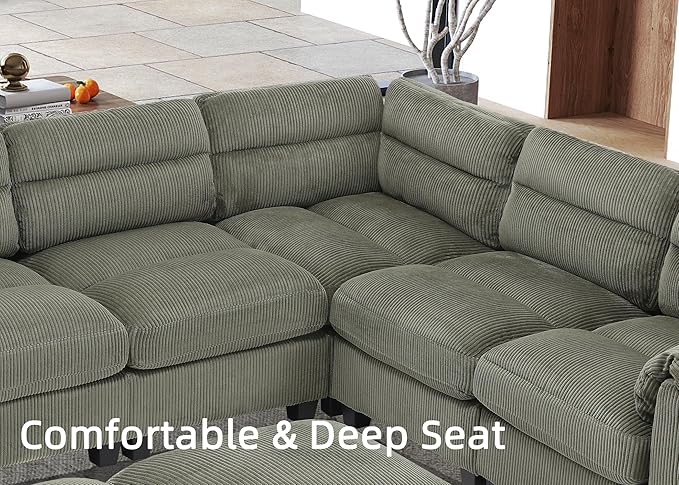 CANMOV Modular Sectional Couches with Ottoman Convertible U Shaped Sofa Couch 7 Seat Sofa with Chaise for Living RoomCorduroy Couch Green