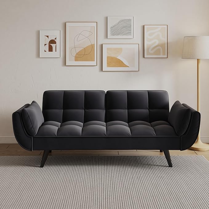 Olela Futon Sofa Bed Convertible Sleeper Couch 74 W Modern Velvet Loveseat with Adjustable Backrests and Solid Wood Legs for Living Room Bedroom Small Space (Black)
