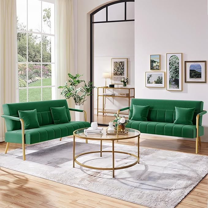 Yaheetech 56.5 W Modern Sofa Small Sofa Luxurious Velvet Fabric Couch with Gold-Tone Metal Arms and Legs for Living Room Home Office Studio Green