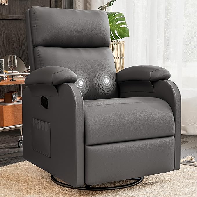 Homall Recliner Chair 360 Swivel Rocking Chair for Adults Massage Nursery Chair with Adjustable Backrest and Footrest PU Leather Glider Rocker Recliners with Side Pocket for Living Room (Grey)