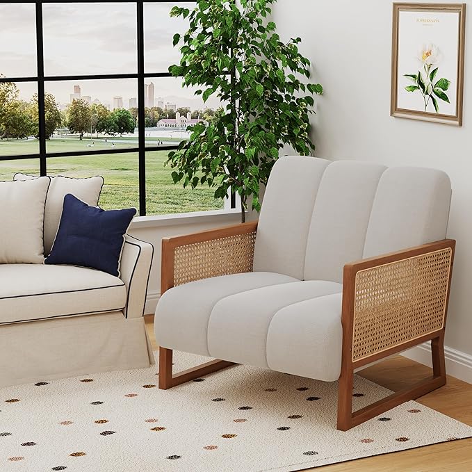 WENTMENT Rattan Accent Chair Armchair with Natural Rattan Armrest and Wood Frame Upholstered Living Room Chair Line Sofa Chair for Reception Room/Hosting Room/Bedroom(White)