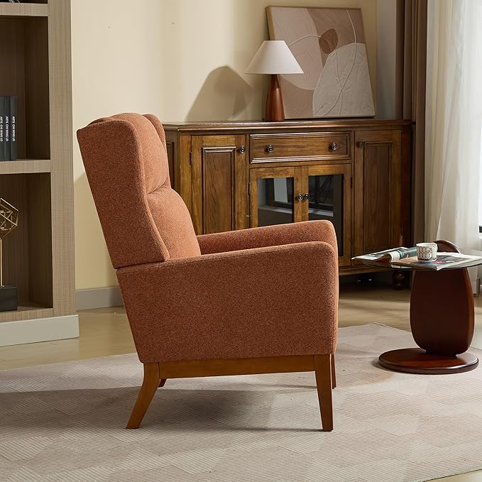 26.18 Wide Modern Accent ChairPolyester Blend High Back Reading ChairUpholstered Armchair Club ChairSingle Sofa with Wood Legs for Living RoomBedroomReading RoomOfficeOrange
