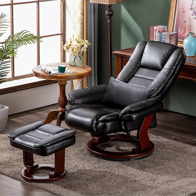 MCombo Swivel Recliner with Ottoman Chair TV Chair Sets with Vibration Massage for Small Space Living Room Bedroom 9096 9099 (Textile Black)