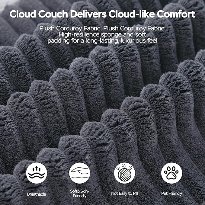105 Modular Sectional Couch L-Shaped Sofa with Plush Corduroy Fabric Boneless Couches for Living Room Cloud Sofa Deep Seat Corner Couch with 3 Back Pillows &amp 2 Accent Pillows Grey