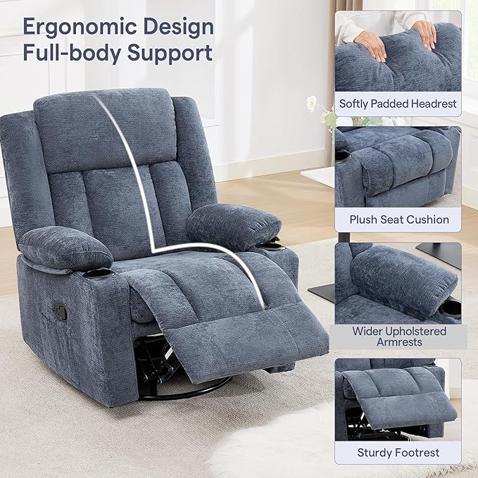 Swivel Rocker Recliner for Adults Manual Lazy Boy Recliner Chair with Cup Holders 360 Degree Rotating Nursery Rocking Chair Glider Recliner for Living Room (Blue)