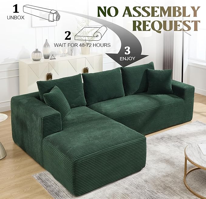 Sectional Sofa Couch Boneless Couches for Living Room Cloud Sofa with Oversized Chaise Corduroy Fabric L-Shaped Couch with Pillows No Assembly Required Left Facing Chaise Green