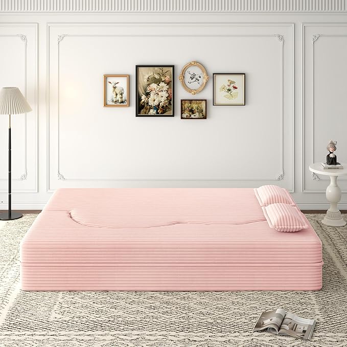 2 in 1 Folding Floor Couch Sofa Bed with 2 Pillows Convertible Sleeper Sofa Modern Full Mattress for Living Room Guestroom Plush Corduroy Floor Sofa BedNo Assembly RequiredBaby Pink