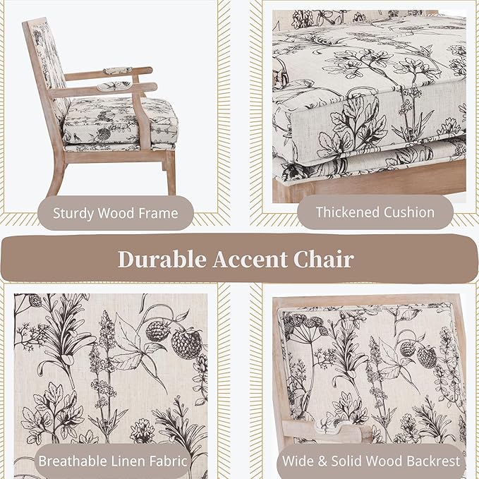 chairus Farmhouse Linen Accent Chair for Living Room Upholstered Reading Chair with Solid Wood Frame Lounge Arm Chair with High Back for Bedroom Reception Room Waiting Room Floral Pattern