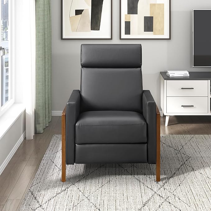 Lexicon Push Back Recliner Chair Faux Leather Upholstered Reclining Chair with Footrest Exposed Dark Brown Finish Wood Frame Small Recliner for Small Space Living Room Bedroom Black