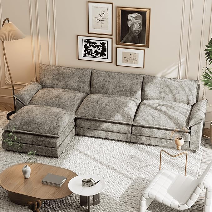 Shahoo Sectional Modular Sofa L Shaped Chenille Fabric Couch with High Supportive &amp Soft Sponges and Removable Ottoman Sleeper Comfy Upholstered Furniture for Living Room Grey