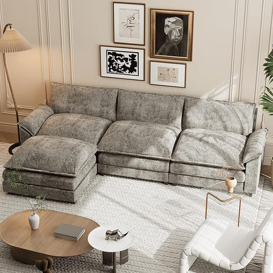 Shahoo Sectional Modular Sofa L Shaped Chenille Fabric Couch with High Supportive &amp Soft Sponges and Removable Ottoman Sleeper Comfy Upholstered Furniture for Living Room Grey