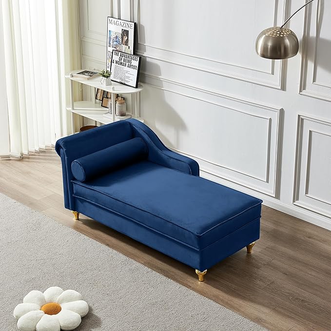 60.6Modern Storage Chaise Lounge IndoorVelvet Upholstery Sofa Chair with1 Toss PillowsUpholstery Lounge Sofa with Gold Metal Legs For Small ApartmentLiving RoomOfficeReception AreaNavy Blue