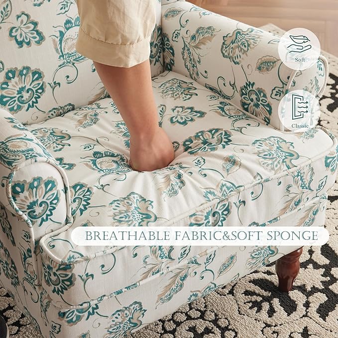 MELLCOM Floral Accent Chair High Back Upholstered Armchair with Solid Legs Leisure Single Sofa Chair for Living Room Bedroom Home Office Light Cyan Floral
