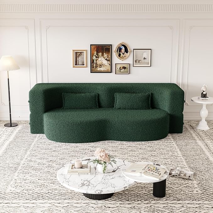 78” Floor Sleeper Sofa Bed Modern 2 in 1 Full Size Foldable Mattress with 2 Pillows Convertible Boneless Couch with Deep Seat for Living Room No Assembly Required (Green &amp Teddy) | No Assembly