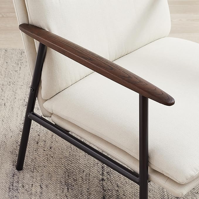 Zouron Upholstered Accent Chair with Metal Frame Modern Living Room Reading Chair with Wooden Armrests and Cushion Back Beige