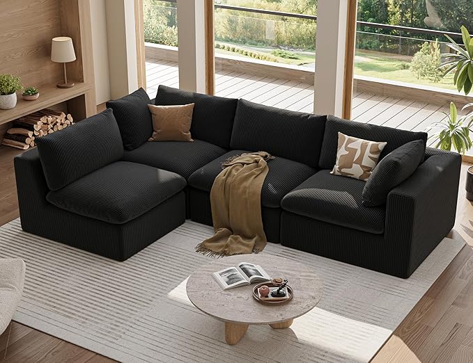 106“ Cloud Sectional Couches Sofa for Living Room Modern 4 Seats Couch Convertible L Shape Sofa No Assembly Needed (Black)