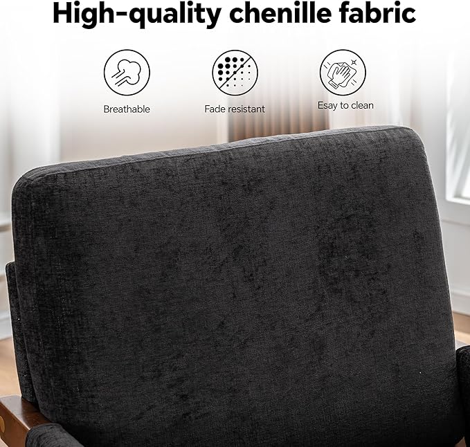 Mid Century Modern Accent Chair with Wood Frame Upholstered Living Room Chairs with Wide Armrest Chenille Fabric Comfy Arm Chair for Bedroom Reading Room Balcony (1 Black)