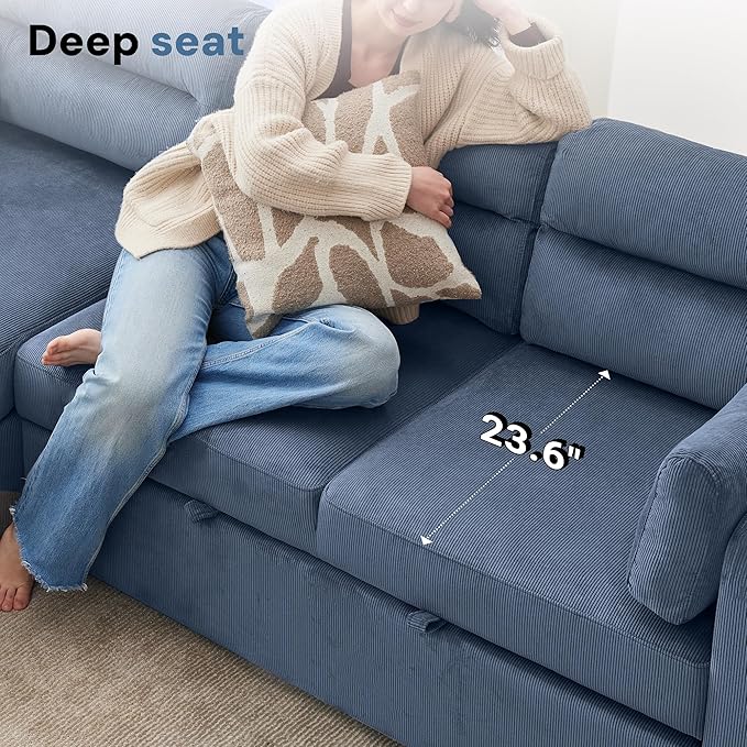 Tbfit 92.5'' 3 in 1 Sleeper Sofa Couch with Storage Chaise Corduroy Sofa Bed with Pull Out Bed Convertible Sleeper Sofas for Living Room Small Spaces Blue