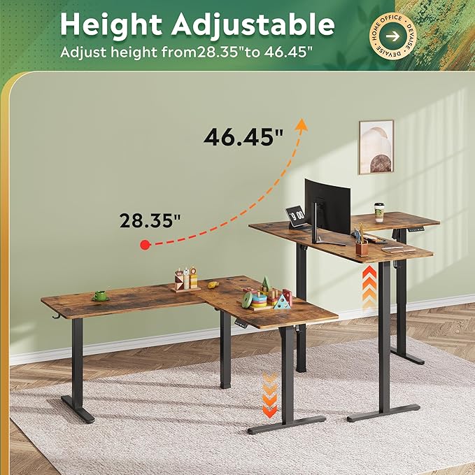DEVAISE L Shaped Standing Desk Adjustable Height Dual Motor Electric Corner Standing Desk 63x55 inch Sit Stand up Home Office Desk with Splice Board Rustic Brown
