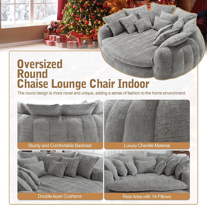82'' Oversized Upholstered Sofa Bed Round Chaise Lounge Chair Indoor Modern Chenille Boneless Couch No Assembly Required Plush Sleeper Chair with 14 Pillows for Living Room Light Grey