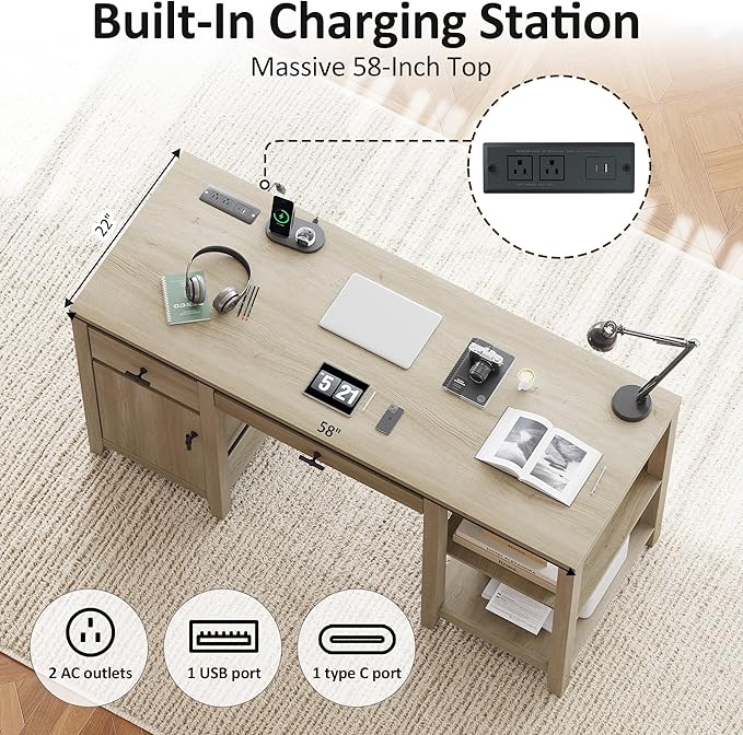58 Office Desk with Drawers Charge Station and Foldable Keyboard Tray Farmhouse Wooden Home Computer Desk with Storage Cabinet and 3 Magazine Rack for Home Office and Study Natural Birch