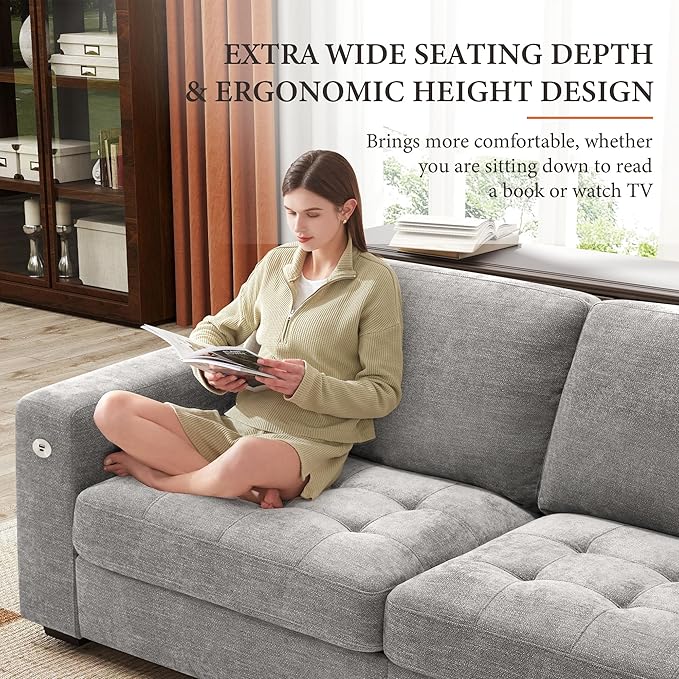 Ihanherry Modern Sofa Living Room Couch with USB/Type-C Charging Port Comfy 3-Seats Chenille Recliner Sofa for Small Space Removable Medium Firm Cushion (89inch Grey)