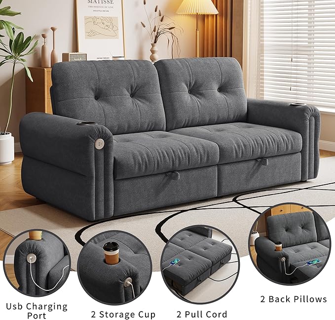 77 Pull Out Sofa Bed Velvet Convertible Sleeper Couch Loveseat Chaise Lounge with Cup Holder and USB Pullout Futon Sofa Bed for Living Room Bedroom Small Spaces RV (Dark Grey)