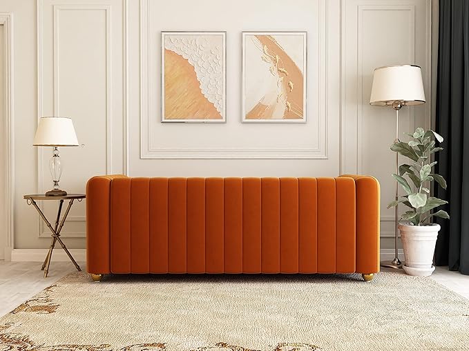 81 Orange Velvet Sofa Mid Century Modern Couch for 3 Person Chesterfield Tufted Velvet Couches for Living Room Apartment Bedroom Office