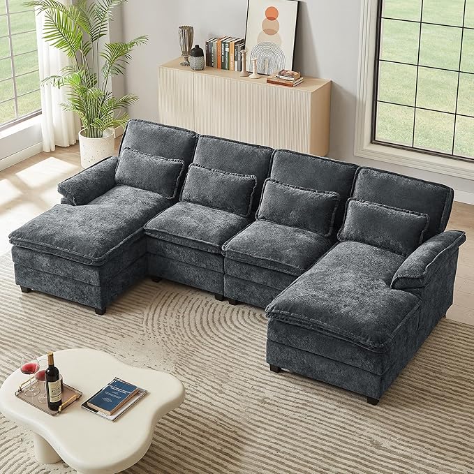 113 U Shaped Sectional Sofa Comfy Cloud Couch Chenille Sofa Sleeper Deep Seat Sofa with 4 Throw Pillows 4-Seater Double-Layer Modern Sofa for Living Room Dark Grey