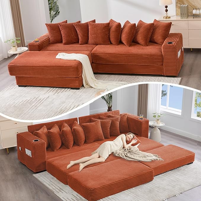 Oversized L-Shaped Modular Sectional Sofa Couch with 8 Pillows Convertible Corduroy Sleeper Sofa Bed with Cupholders &amp Storage Pockets Cloud Couch with Movable Ottoman for Living Room Orange