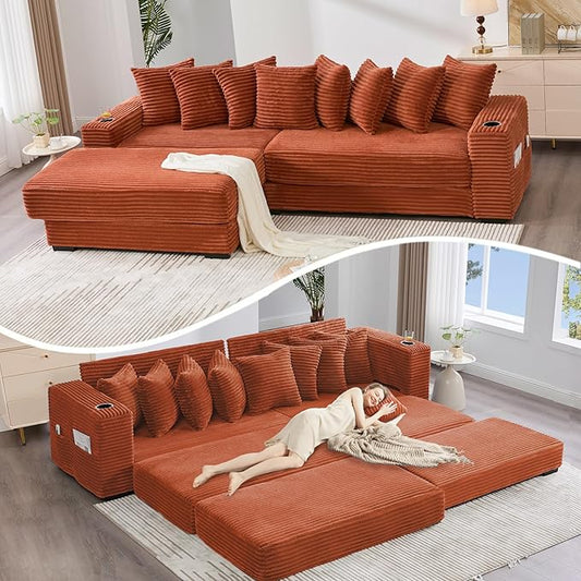 Oversized L-Shaped Modular Sectional Sofa Couch with 8 Pillows Convertible Corduroy Sleeper Sofa Bed with Cupholders &amp Storage Pockets Cloud Couch with Movable Ottoman for Living Room Orange